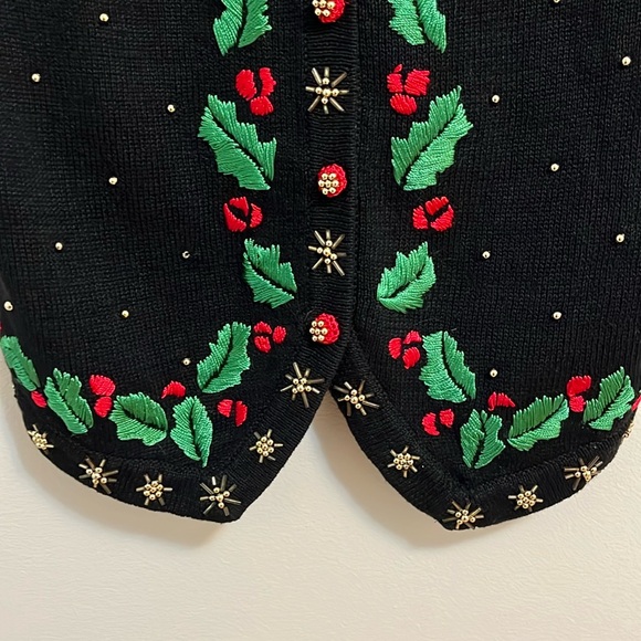 Arriviste cardigan knit vest small black ugly Christmas sweater poinsettias - Picture 5 of 10